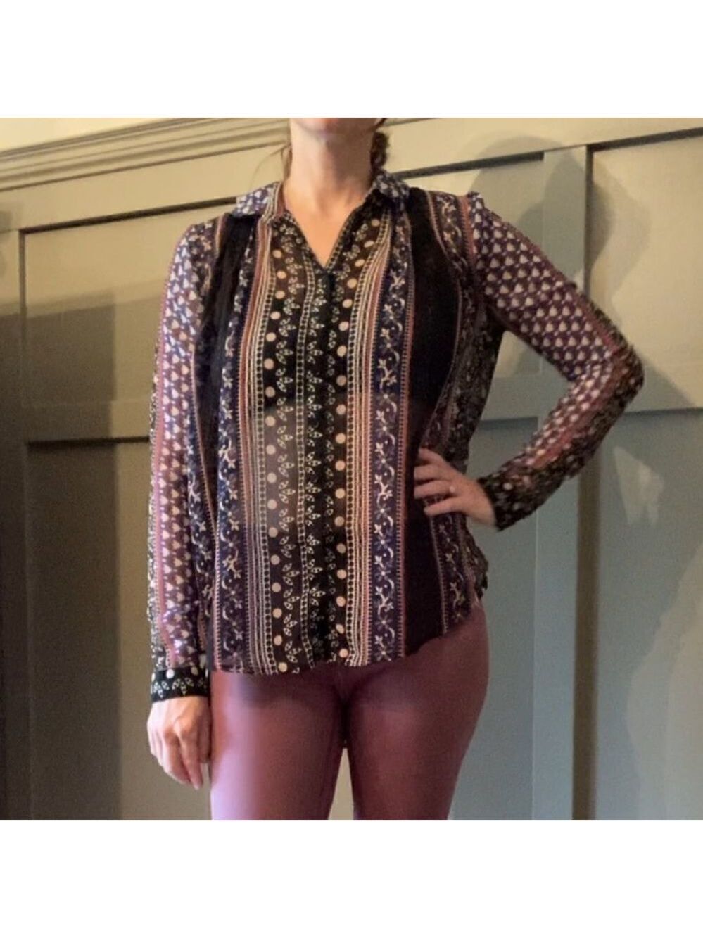 FREE People Sheer Button Down Top Boho Floral